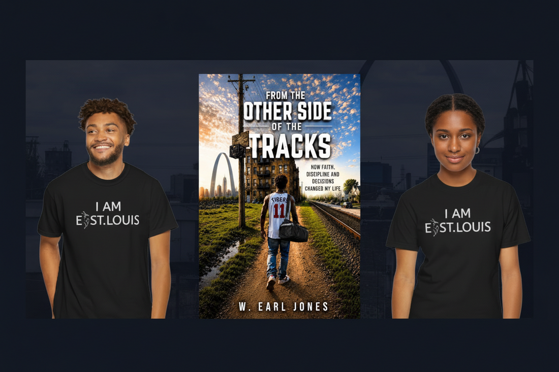 I AM East St. Louis unisex tee by Swaylin Clothing with W. Earl Jones book From the Other Side of the Tracks