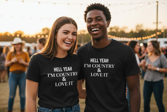 Black man and white woman wearing Hell Yeah I&