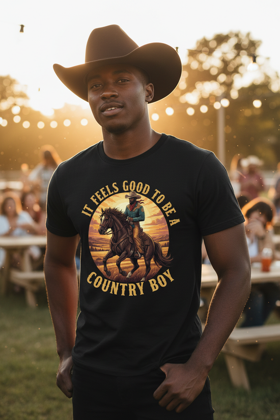 Young Black cowboy wearing It Feels Good To Be A Country Boy unisex t-shirt at a country party